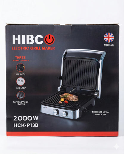 Grill Électrique HIBCO 2000W – Ouverture 180° & Chauffage Rapide