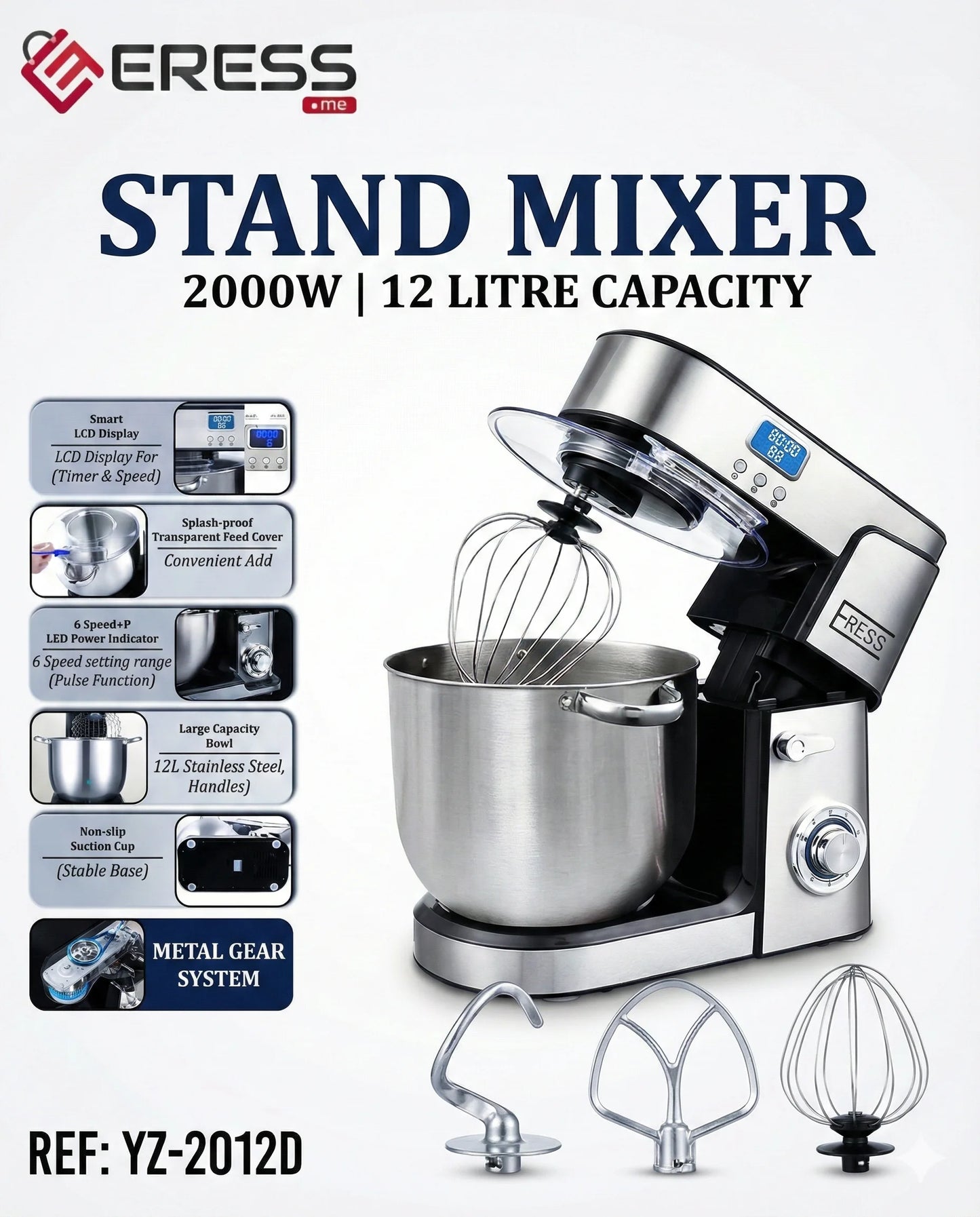 Robot Pâtissier ERESS 2000W – Bol Inox 12L – Stand Mixer Professionnel