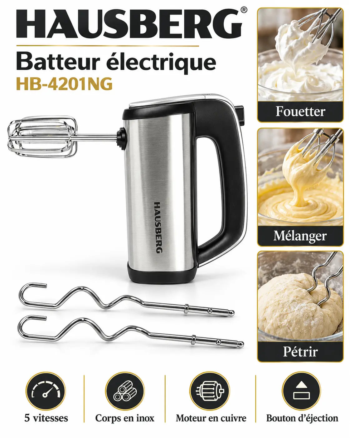 Hausberg HB-4201NG – Batteur Électrique 5 Vitesses en Inox – Fouetter, Mélanger et Pétrir