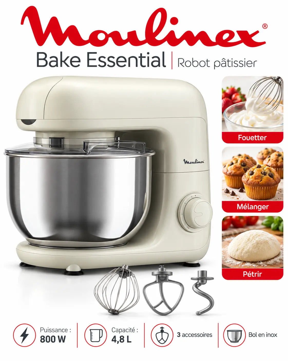 Moulinex Bake Essential – Robot Pâtissier Multifonction 4,8L – 800W avec Bol Inox et 3 Accessoires – Crème