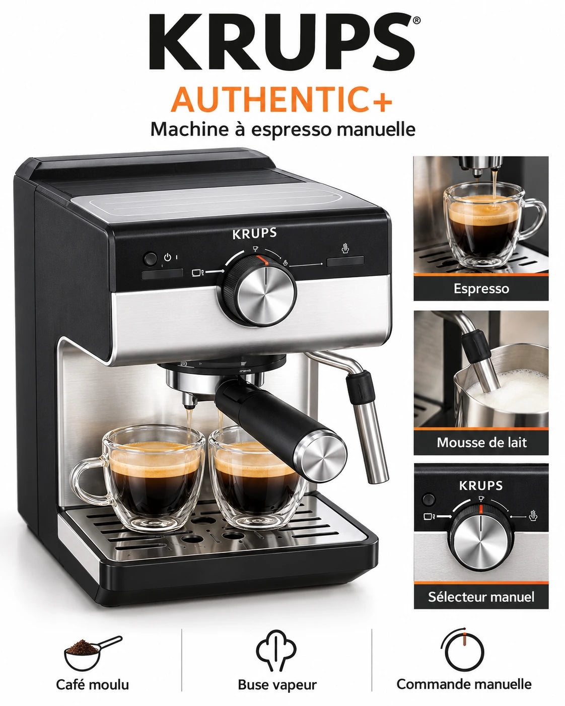 Krups Authentic+ – Machine à Café Expresso Manuelle avec Buse Vapeur, Double Sortie Café – Noir & Inox