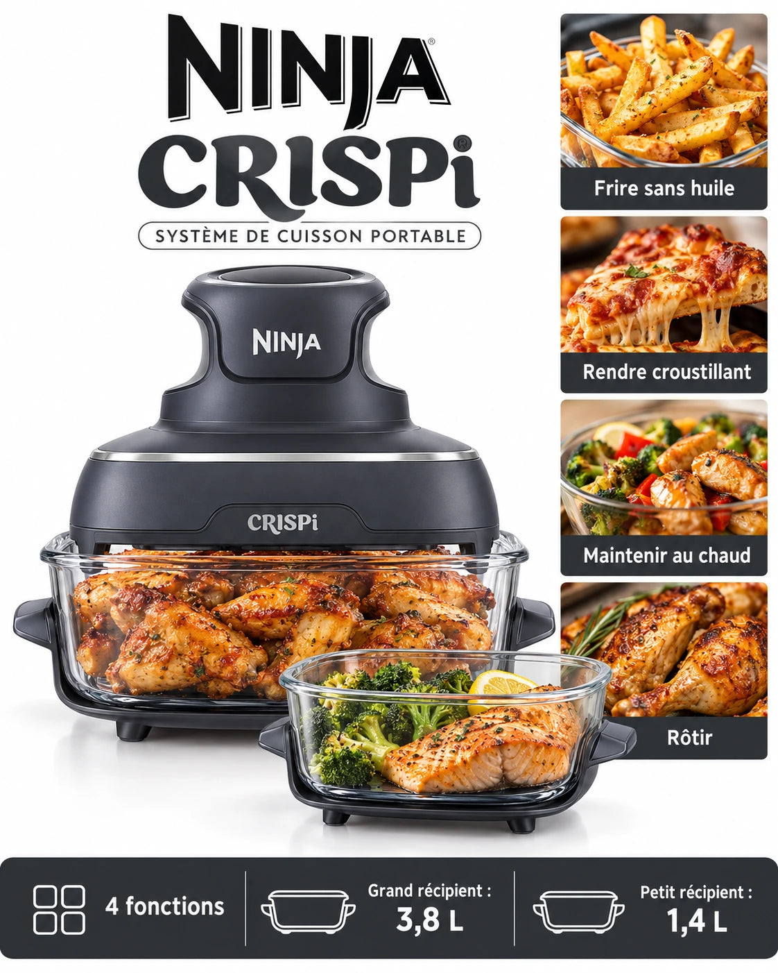 Ninja CRISPi – Air Fryer Portable avec Récipients en Verre 3,8 L + 1,4 L | 4 Fonctions