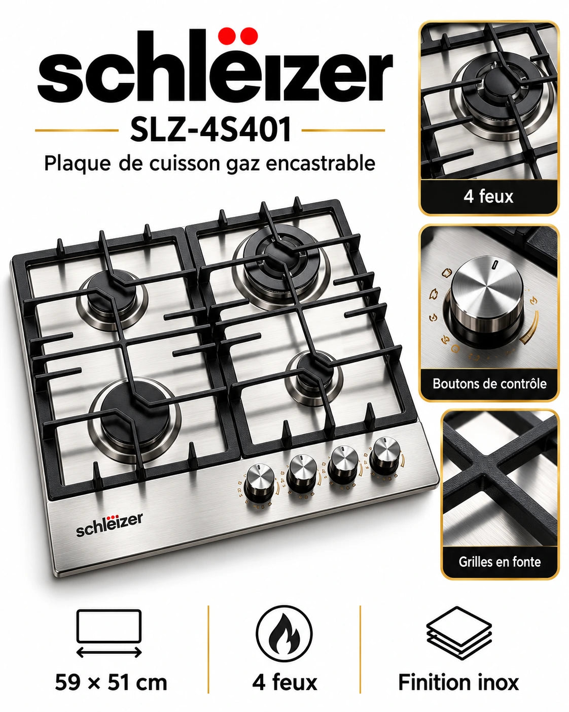 Schleizer SLZ-4S401 – Plaque de Cuisson à Gaz Encastrable 4 Feux 59 cm en Inox | Grilles en Fonte