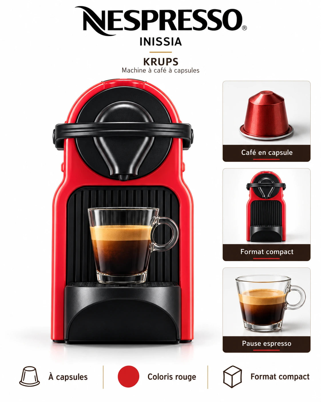 Nespresso Inissia by Krups – Machine à Café à Capsules, 19 Bars, Compacte et Rapide – Rouge