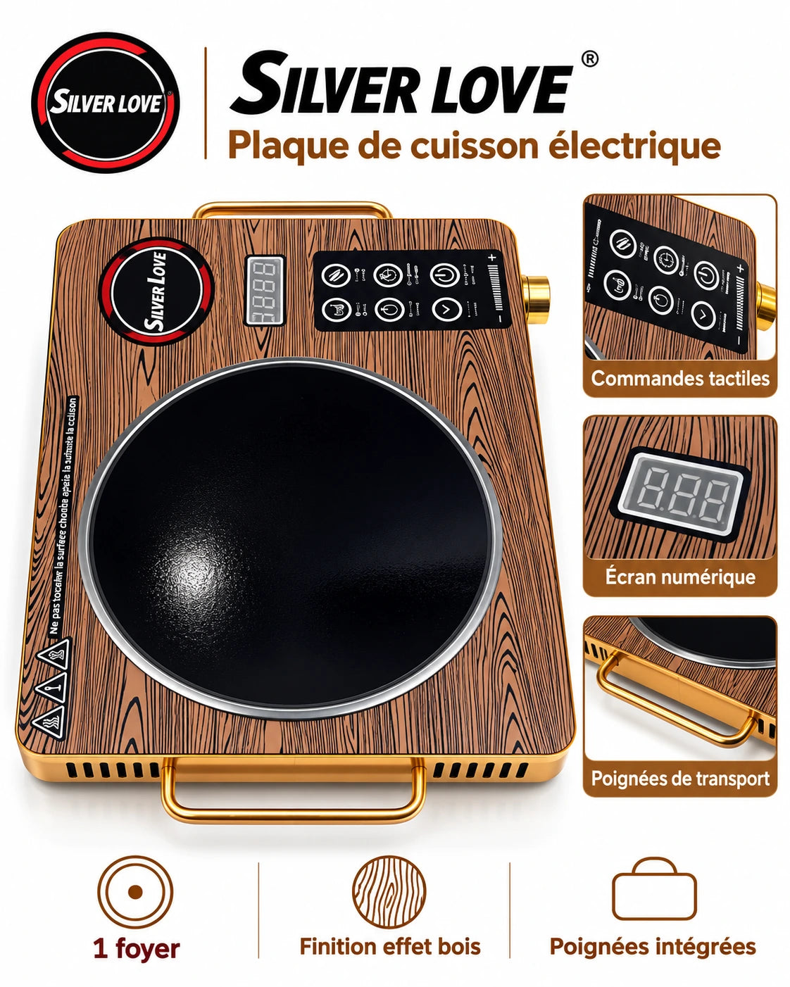 Silver Love SC-7039 – Plaque de Cuisson Infrarouge 3500W, Commandes Tactiles, Écran Digital – Design Effet Bois