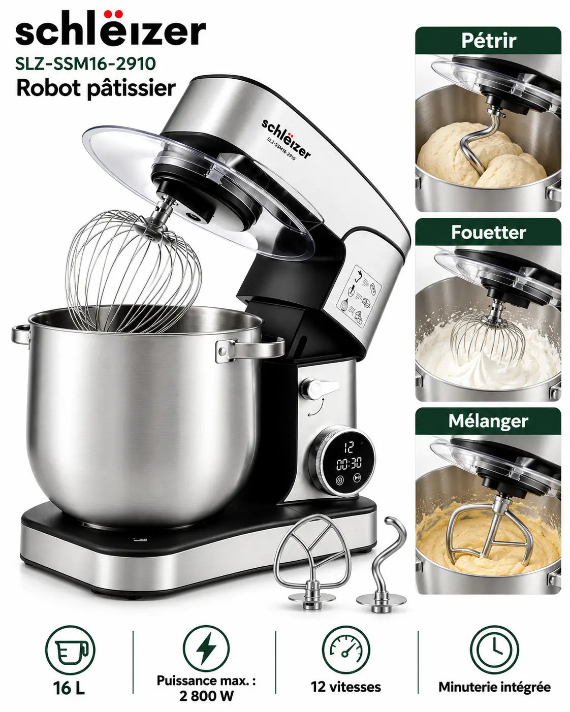 Schleizer SLZ-SSM16-2910 – Robot Pâtissier Professionnel 16L 2800W – 12 Vitesses avec Écran Digital LED