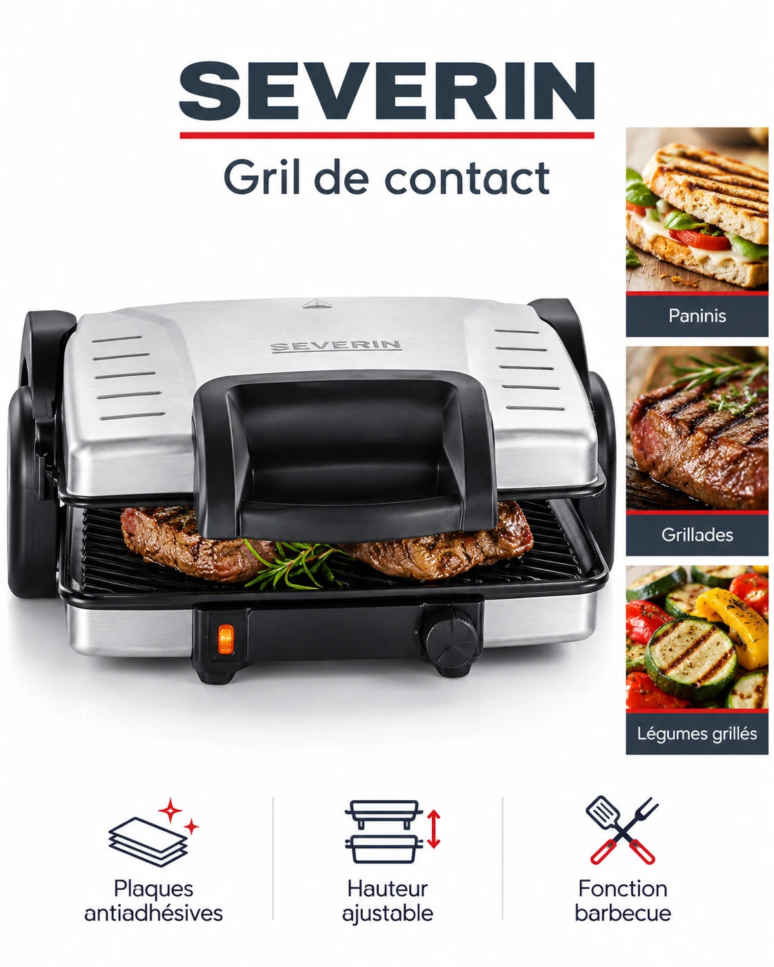 SEVERIN – Grill Électrique à Contact Multifonction, Panini, Viande et Sandwichs – Inox