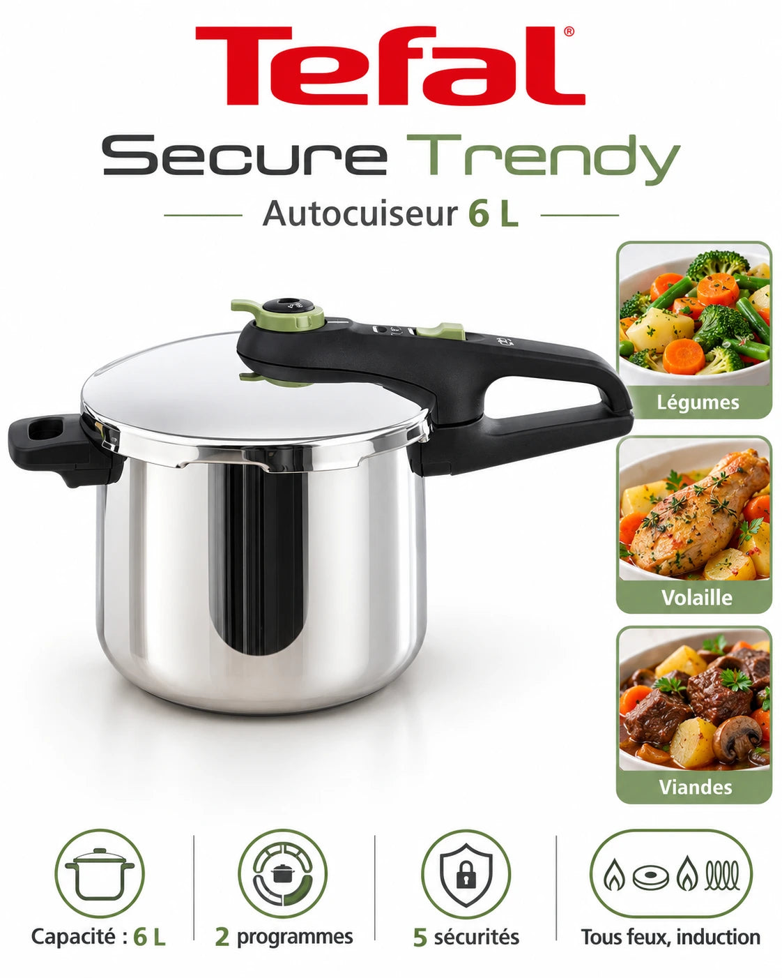 Tefal Secure Trendy 6L – Cocotte-Minute en Inox, 2 Programmes de Cuisson, 5 Sécurités – Tous Feux dont Induction