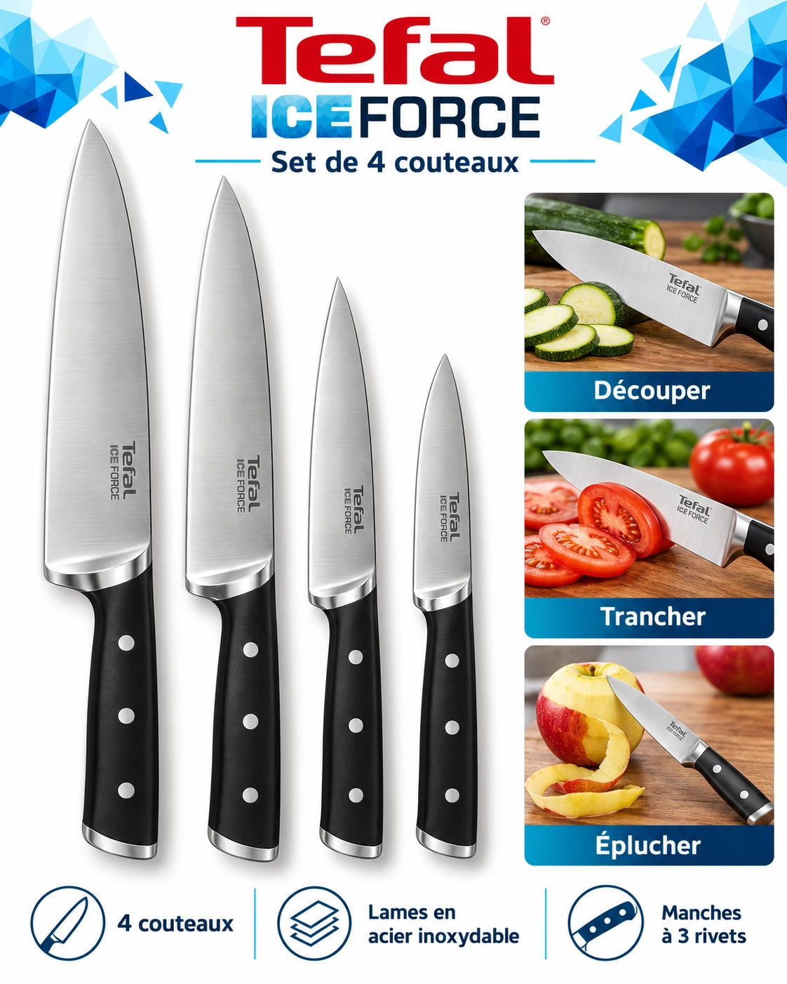 Tefal Ice Force – Set de 4 Couteaux de Cuisine en Acier Inoxydable, Lames Tranchantes et Manches à 3 Rivets