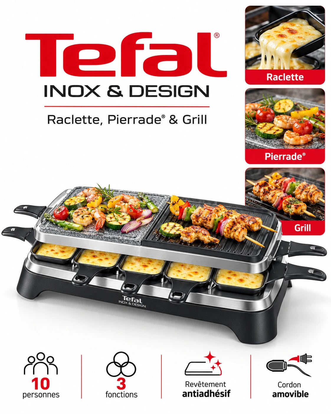 Tefal Inox & Design – Appareil à Raclette, Pierrade & Grill 3-en-1 | 10 Personnes