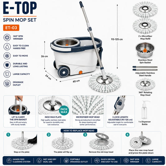 Seau Mop Rotatif 360° avec Essoreuse Inox | Kit Nettoyage +change gratuite