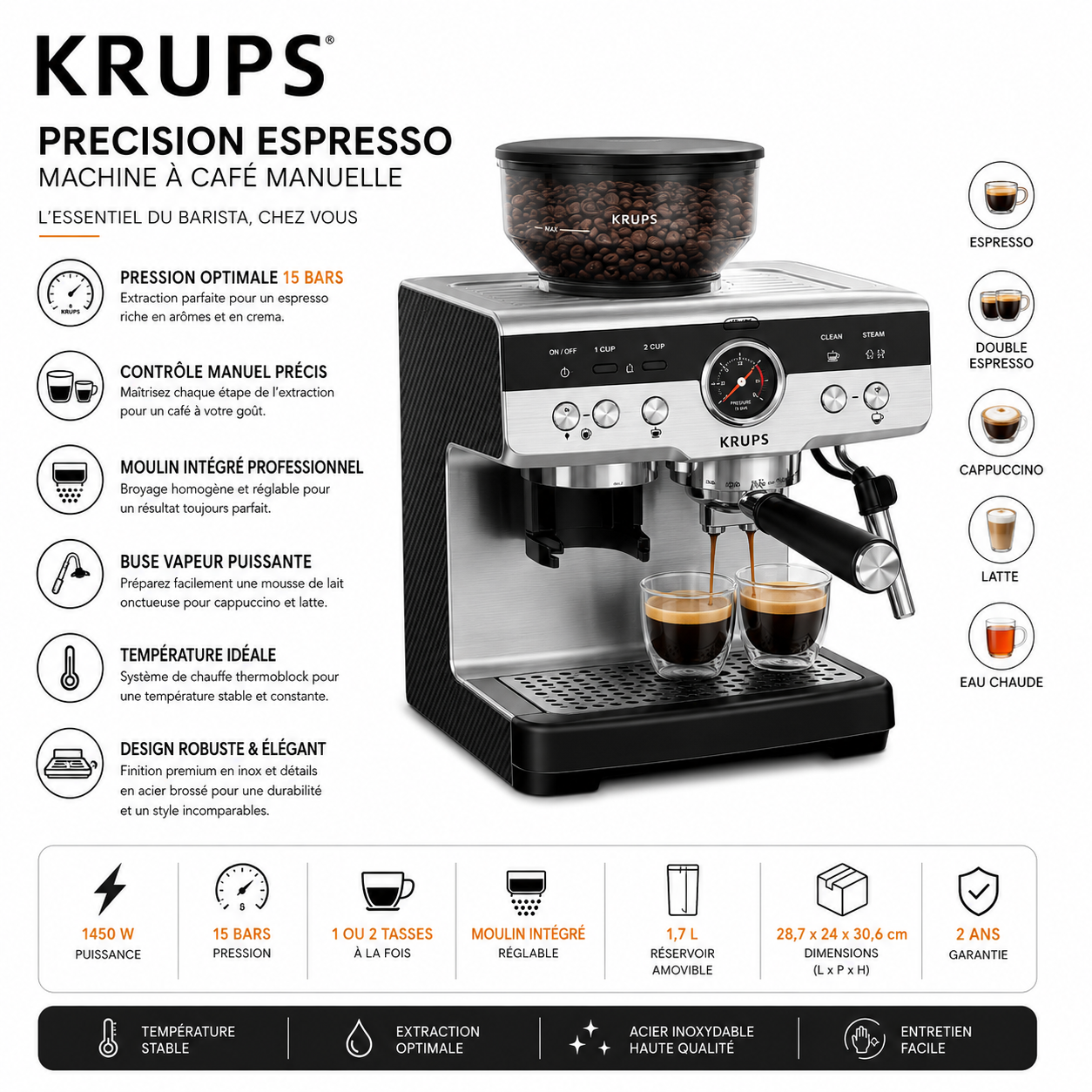 Machine à Café Expresso KRUPS Precision 15 Bars avec Moulin Intégré – 1450W