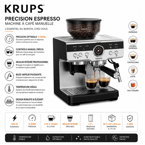 Machine à Café Expresso KRUPS Precision 15 Bars avec Moulin Intégré – 1450W