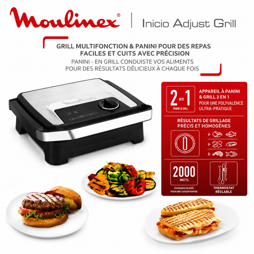 Moulinex Inicio Adjust Grill 2000W – Grill Panini Multifonction 2 en 1 avec Thermostat Réglable